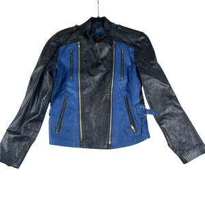 Y2k Leather Cropped Moto Jacket Woman Sm Black BlueFull Zip Vtg 90s Biker